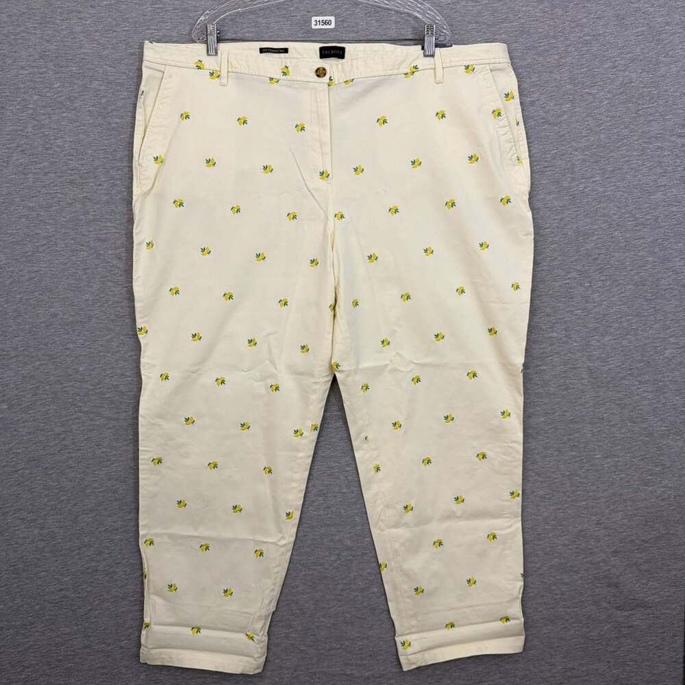 Talbots Womens 24W Relaxed Chino Pants Yellow Embroidered Lemon Fruit Cotton